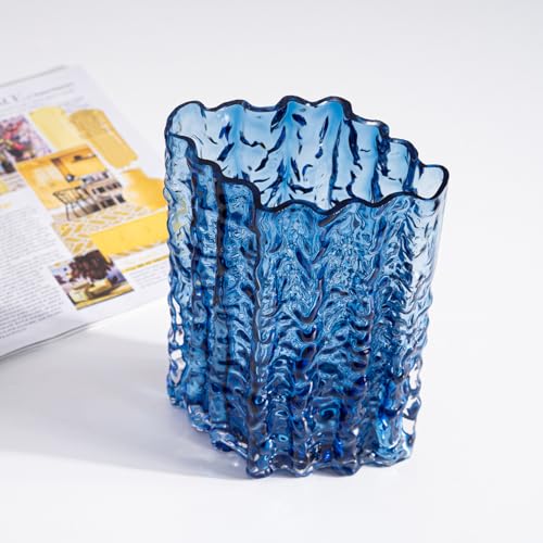 Glass Vase for Centerpieces, Diamond Shaped Vase for Flower, Modern Glacier Glass Vase for Home, Office Restaurant Desk Decor 8.3 Inch(Blue) - Image 3