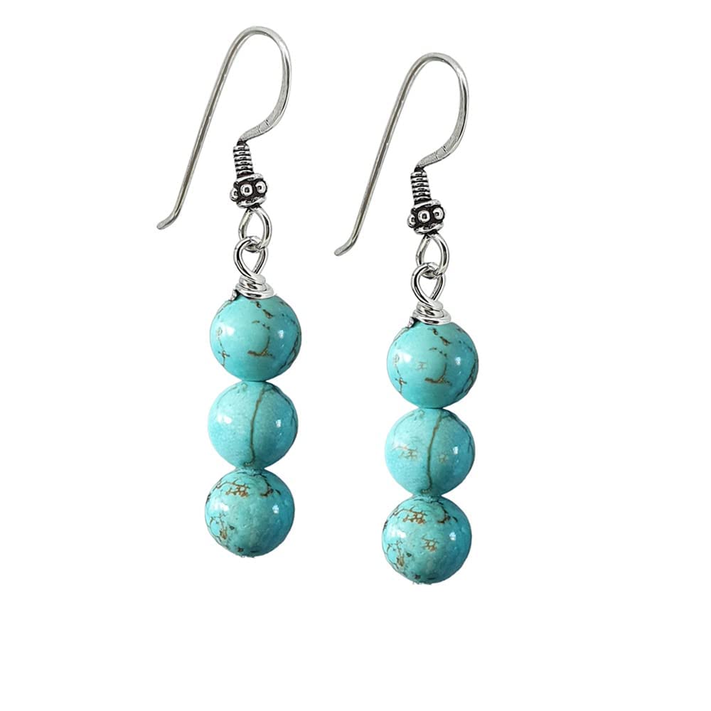 VN JewelryVN Jewelry Women's Handmade Natural Gemstone Triple Beads 925 Sterling Silver Dangle Drop Earrings - Tiger's Eye, Amethyst, Pearl, Green Jade, Turquoise, Agate Earrings (Turquoise)