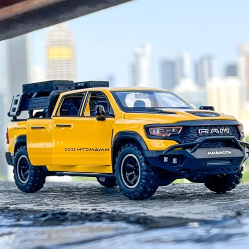 Image of 1 /32 Ram Pickup Truck Diecast Model Toy Car Metal Truck with Sound & Light Pull Back Friction Powered Toy Vehicle Openable Doors Collectible Gift for Kids & Boys (Yellow)