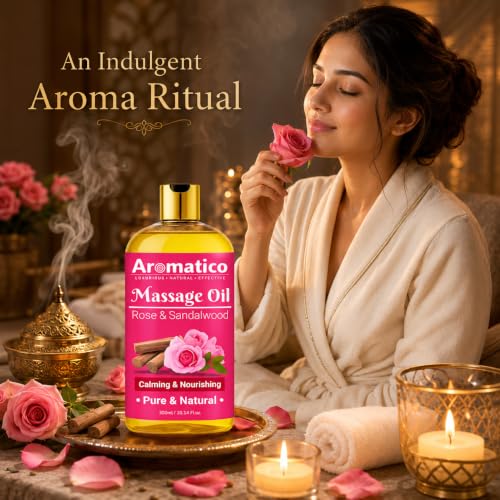 Image of AROMATICO Rose & Sandalwood Massage Oil - Rose Massage Oil with Sandalwood, Almond & Jojoba for Body Relaxation & Skin Nourishment | 300ml