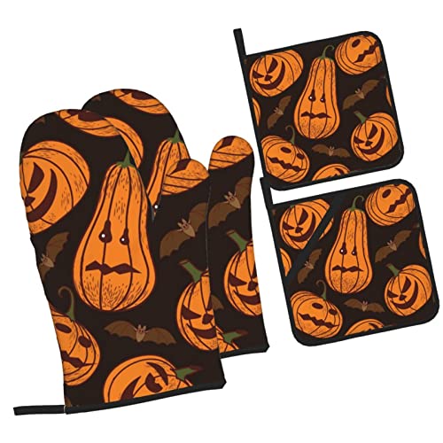 Halloween Pumpkin Printed Oven Mitts And Pot Holders Heat Resistant Potholders Oven Gloves And Pad For Baking Kitchen Grilling - 4 Set #TOP1