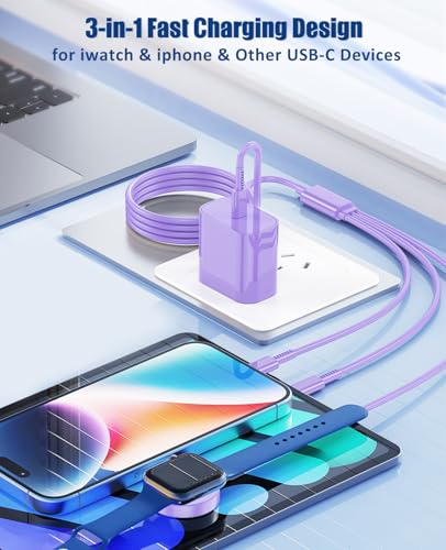 Image of for Apple Watch Charger Fast Charging,3 in 1 Multi Chargers Cable with 20W USB C Charger, iWatch Charger Cord 6FT for iWatch Series Ultra2 /SE /10 /9 /8 /7 /6 /5 /4 /3 /iPhone 15 16 Pro Max /14 /13 /12 /11(Purple)