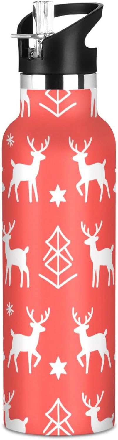 Merry Christmas White Snowflakes Elk Leakproof and BPA Free Kids’ Metal Water Bottle with Straw Lid Double Wall Vacuum Insulated Bottles for Travel,