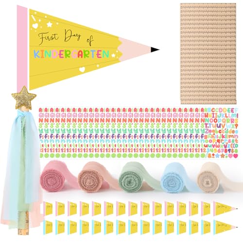 24 Set First Day of School Flag DIY 2025 Back to School Pennants Last Day Of Preschool Kindergarten Sign With Ribbons Ruler Make Your Own School Photo Prop for Kids Classroom Decoration