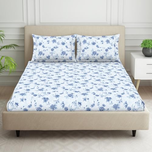 Image of Welspun Cotton Blend Bedsheet for Double Bed with 2 Pillow Covers | Soft, Skin Safe & Breathable Bed Sheet | Floral Print | Large Size Bedsheet | Ideal for Gifting & Festivals | 224 x 254 cm |Ice Blue