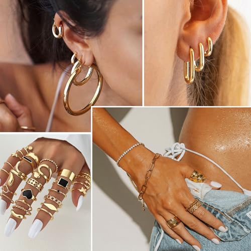 17IF 38-59 Pcs(9-8 Pack) Gold Plated Jewelry Set for Women With 8 Necklace 12 Bracelet 27 Ring 12 Pair Earring Hoop Simple Sparkle for Happy3