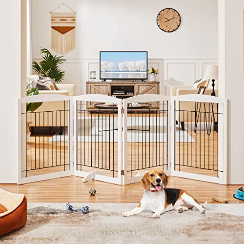 Image of Yaheetech 32 inchH 4-Panel Extra Wide Freestanding Dog Gate For Stairs Doorways | Sturdy Construction, Durable Support Feet, Tool-Free Setup, Fold Flat Barrier Ideal for Small /Medium Dogs, White
