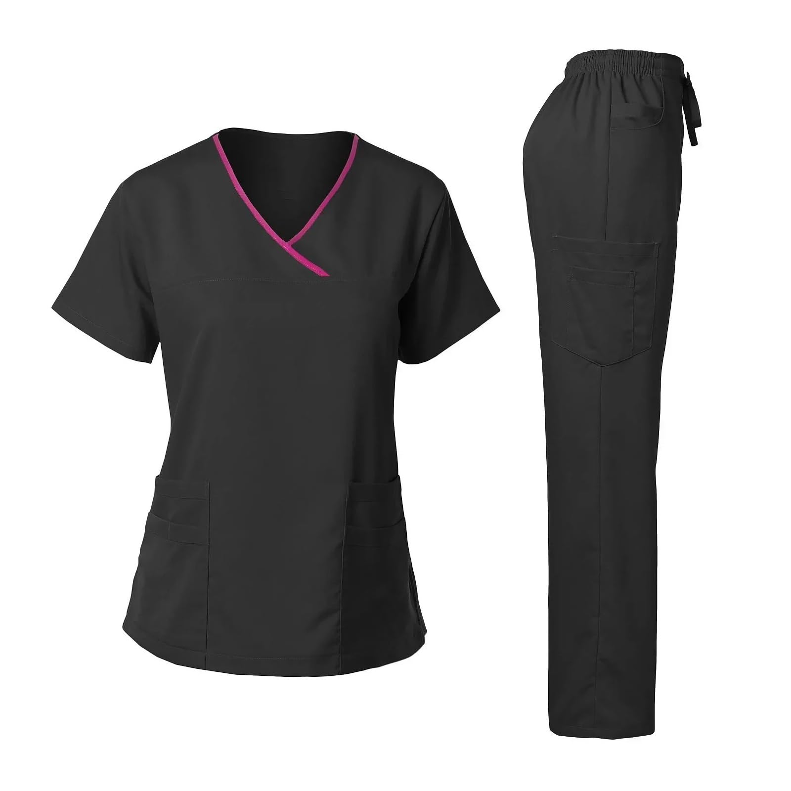 Chirurgische Uniform for Frauen, Krankenhaus, klinischer Schönheitssalon, Spa, Tops und Hosen, Damen-Pflege-Peeling-Uniform-Sets(Black,XL)