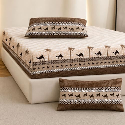 Image of Jaipur Weaves Bedsheet King Size 100% Pure Cotton Bed Sheet with 2 Pillow Covers, 300 TC Premium Bedding Set, 72x78 inches, Soft Breathable Camel Design Bedding (Amber Desert, Super King Fitted)