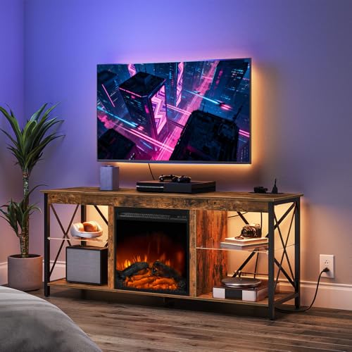HOOBRO Fireplace TV Stand with Charging Station and LED...