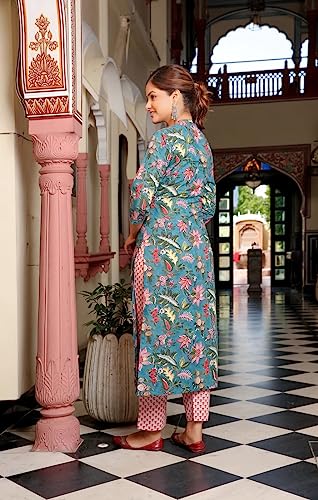 Greciilooks Women Cotton Blend Casual Regular Fit Kurta Set (Teal, Medium)