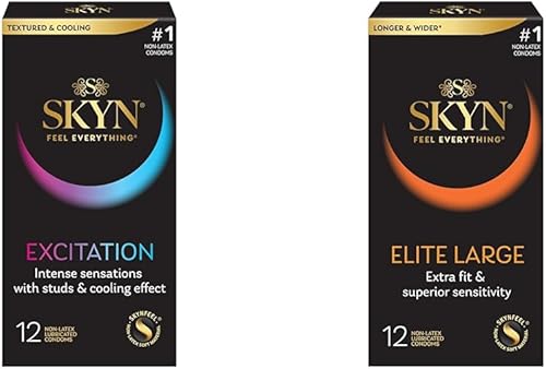 SKYN Excitation - Condones lubricados de 12 unidades y preservativos SKYN Elite grandes sin látex de 12 unidades