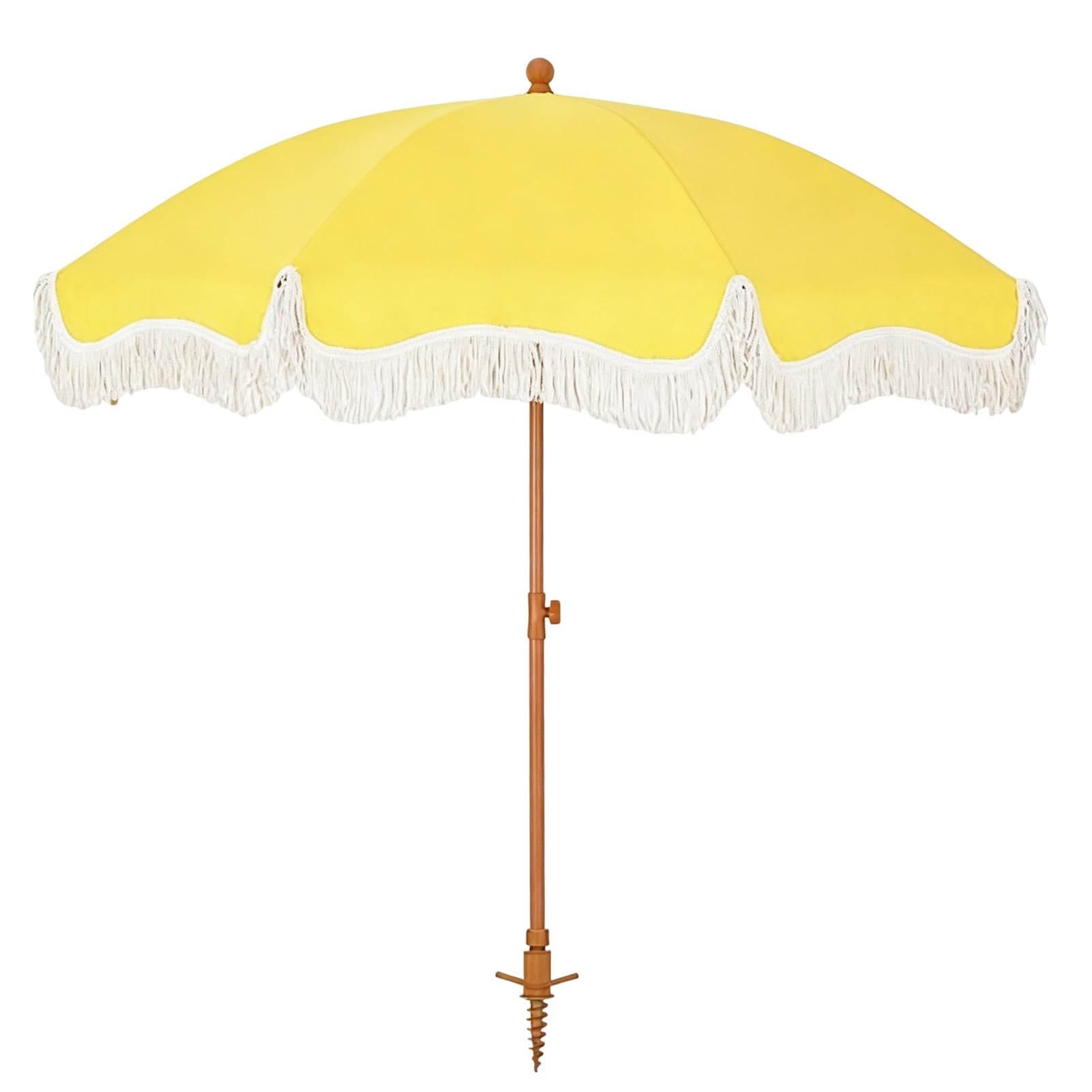 Żółty Parasol Plażowy 200 cm z Kotwicą do Piasku, Parasol Ogrodowy z Frędzlami, Przycisk Nachylenia i Słupkiem o Regulowanej Wysokości