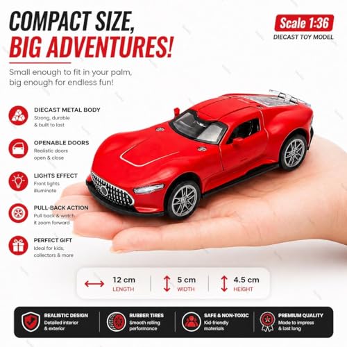 Image of Mercedes Vision GT Die-Cast Toy Car - 1:36 Scale Pull Back Metal Supercar Model with Openable Doors, LED Lights & Music - Alloy Mini Car for Kids, Boys & Collectors【Red】