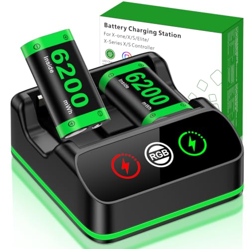 Image of DXKK 2x6200mWh Rechargeable Battery Pack for Xbox One /S /X, Series X|S, One Elite Wireless Controller, with Fast Charger, Extended USB C Cable, Ambient Light