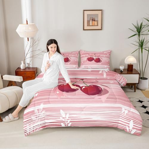 Image of Erosebridal Cherry Bow King Comforter Set Pink Valentine Bedding Set for Kids Teens Romantic Bowknot Bowtie Quilt Geometric Stripes Cottagecore Bedroom Decor 3 Pcs
