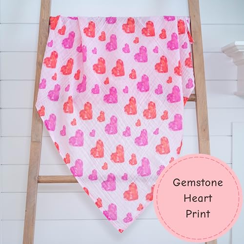 Image of LollyBanks Muslin Swaddle Blankets, 100% Cotton Baby Blankets for Girls, Soft and Lightweight 47 x 47 Inches Newborn Swaddle, Gentle Infant Blankets, Nursery Essentials (Gemstone Heart Print)