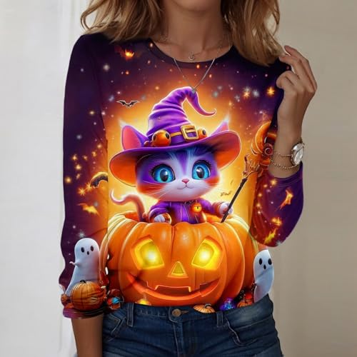 Halloween Shirts for Women Long Sleeve Plus Size Fashion Crewneck Comfortable Tshirts Halloween Costumes for Women
