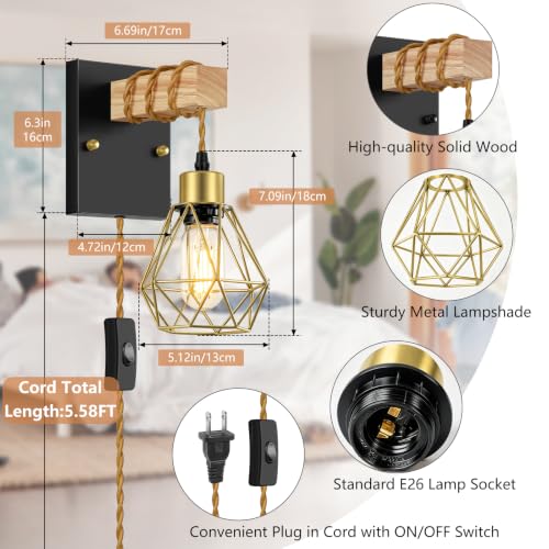 Image of Lomoky Rustic Plug in Wall Sconces Set of 2, Black Wall Lamps with Plug in Cord, Vintage Wall Light Fixtures with On /Off Switch and Gold Metal Cage for Living Room, Bedroom, Bedside