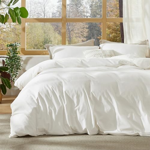 Bedsure 100% Stone Washed Cotton Duvet Cover King Size - White Minimalist Cotton Duvet Cover Linen Like for All Seasons - GentleSoft™ Plain Simple Bedding (White, King, 104"x90")