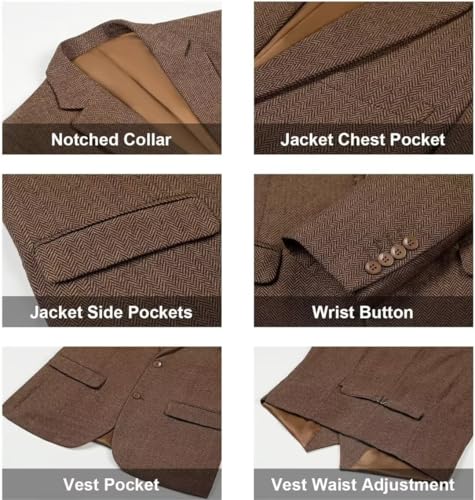Retro 3 Piece Herringbone Tweed Suit Men's Wool Tuxedos Set Prom Brown Grey Jacket Blazer Vest Pants Themed Wedding L2