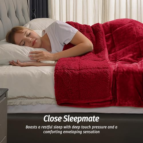 Wemore Sherpa Fleece Weighted Blanket for Adult, 15 lbs Dual Sided Cozy Fluffy Heavy Blanket, Ultra Fuzzy Throw Blanket with Soft Plush Flannel Top, 60 x 80 inches for Queen Burgundy on Both Sides