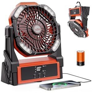 Portable Camping Fan, 20000mAh Rechargeable Battery Operated Fans with Lights, Outdoor Beach Tent Fan, 4 Speed, Adjustable Brightness for Picnic, Barbecue, Fishing, Office, Home