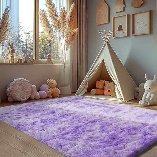 Zentavio Purple Rugs for Girls Room 5x8 Large Area Rugs for Living Room Carpet for Bedroom Washable Soft Fluffy Shag Aesthetic Plush High Pile Throw Rug for Nursery Kids Room Dorm Room Tie-Dyed