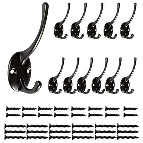 12 Pack ROOREVO Wall Coat Rack Hook with 48 Screws Retro Double Hooks Utility Black Hooks Cover