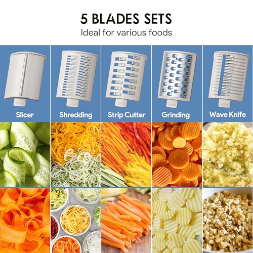 TER-Electric-Cheese-Grater-with-5-Blades--5-in-1-Gourmet-Vegetable-Shredder-for-Carrot-Potato-More-110mm-Large-Caliber-Built-in-Blade-Storage-Box-Fast-Efficient-Grating