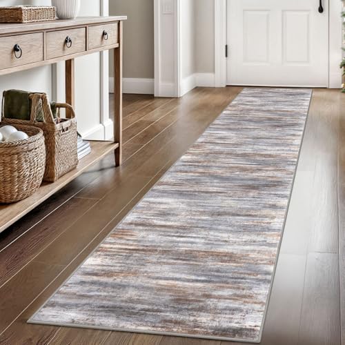 KOZYFLY Modern Abstract Hallway Runner Rug, 2x8 Kitchen Rugs Non-Slip Washable Soft Striped Kitchen Runner Rugs, Print Distressed Grey Brown Carpet Runner for Entryway Bathroom Laundry Room Foyer