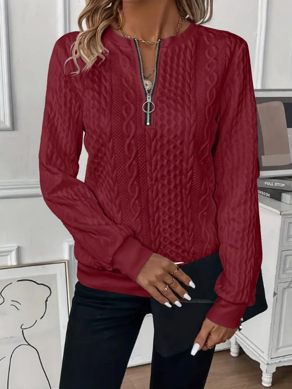 Sweatshirts Femme Demi-Fermeture Éclair Sweat sans Capuche Casual T-Shirts Manches Longues Chic Texture Torsadée Haut Décontracté Élégant Automne Pull pour Tous Les Jours Sportwear