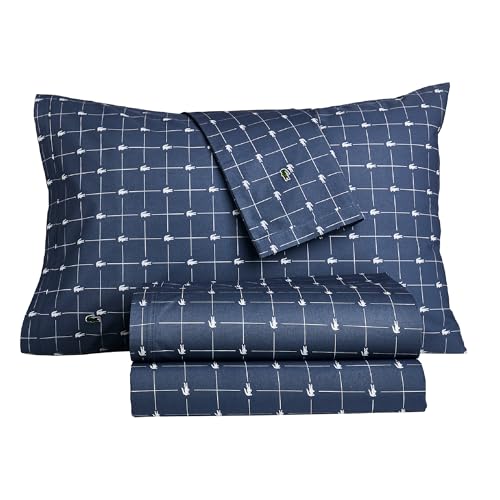 Image of Lacoste Slice 100% Cotton Percale Sheet Set, Vintage Indigo, Twin