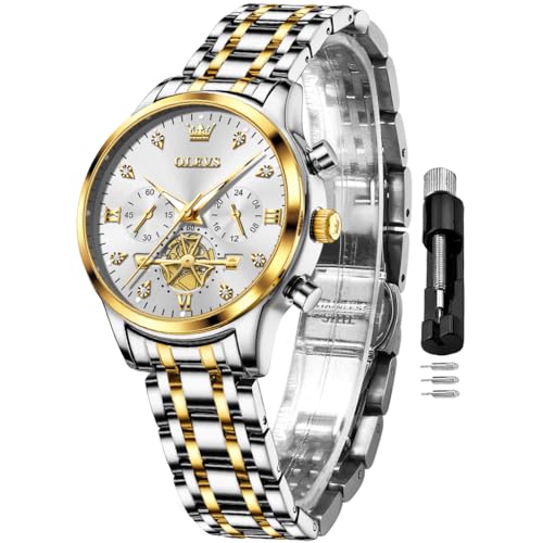 Image of OLEVS Women Watch Multifunctional Two Tone Watch Fashion Business Analog Quartz Ladies Watch Stainless Steel Waterproof Diamond Watch for Women