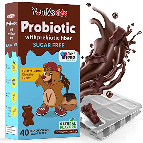 YUM-V's Probiotic for Kids, Milk Chocolate Flavor (40 Ct); Children’s Daily Dietary Supplement Chewables with Prebiotic Fiber, Sugar Free, Kosher, Halal, Gluten Free