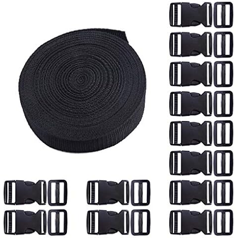 BEADNOVA Plastic Buckles Kit Include 12 Sets 1 Inch Side Release Buckles and Tri-Glide Slides with 11 Yards 1 Inch Nylon Webbing Straps (Black) Cover