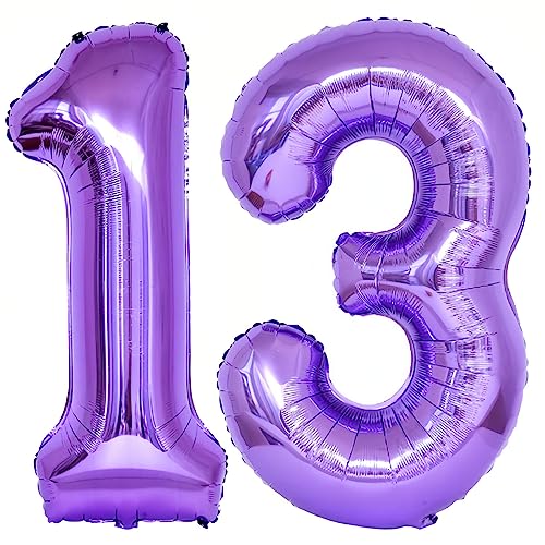Image of Number 13 Purple Balloons 40 Inch Giant Purple 13 Number Foil Helium Balloons for 13th Purple Birthday Party Supplies 31st Anniversary Events Decorations