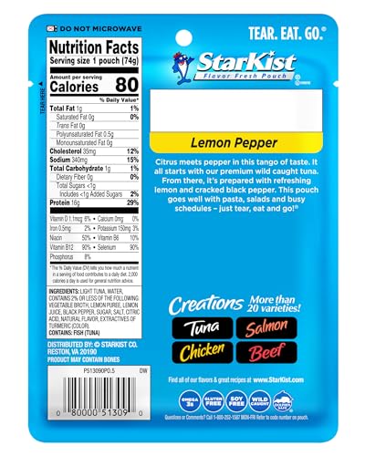 Image of StarKist Tuna Creations Lemon Pepper Pouch (2.6 oz - 24 Pack) Wild Caught, High Protein Shelf Stable Seafood, Gluten Free, Soy Free, No Draining, Ready to Eat for Salads and Sandwiches