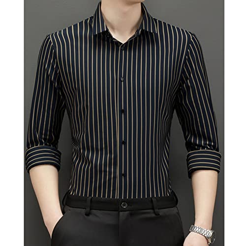 DGHM-JLMY Men's Casual Striped Business Shirt Vertical Striped Button Shirts Loose Iron-Free Long-Sleeved Ice Silk Shirt3