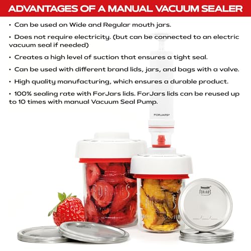 Image of FORJARS Jar Vacuum Sealer Accessory Set for Mason Jars - Compatible with Regular and Wide Mouths, Cordless Pump for Portable Manual Hand Sealing, no electric. Vacuum Sealer with Plastic Lids