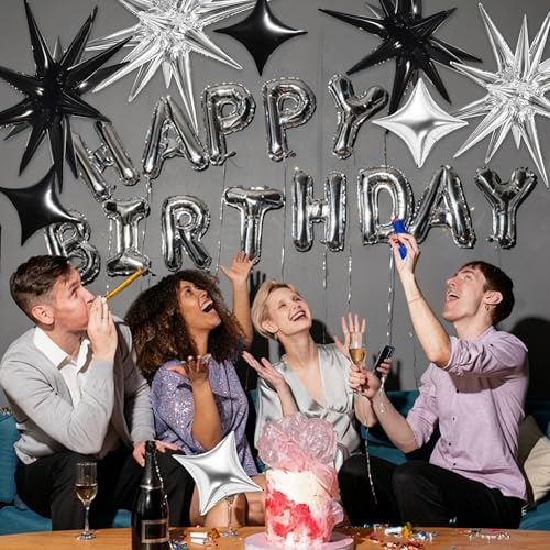 TONIFUL 18Pcs 22Inch Black Silver Large Explosion Star Mylar Balloons and 10Inch Four Pointed Star Balloons Set for Christmas New Year Birthday Wedding Bridal Shower Anniversary Photo Booth Supplies - Image 6