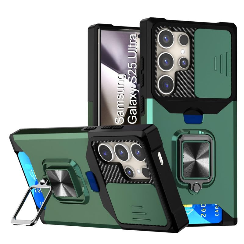 Image of LuxuryKase Shockproof Armor Case for Samsung Galaxy S25 Ultra | Slide Camera Cover | Hidden Card Slot | Rotating Ring Kickstand | Magnetic Car Mount Support | Military Grade Protection - Green