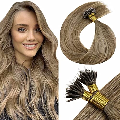 LaaVoo Human Hair Nano Ring Extensions Balayage Light Brown Fading to Dark Honey Blonde Mixed Brown Nano Link Hair Extensions Straight Pre Bonded Nano Hair Extensions 50g/50s 16 Inch