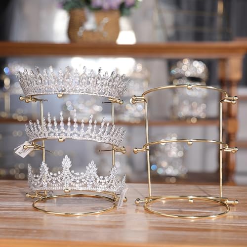 minkissy Crown Display Stand Metal Brackets Hair Accessories Organizer Box Girls Crown Hair Tie Organizer Three-tiers Crowns Headband Jewelry Holder Hair Ring Holder Headwear Organizer