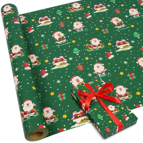 Rollo de papel de regalo verde de 16 m, papel kraft reciclable de 43 cm, patrón de Papá Noel para decoración de regalos de fiesta de Navidad Rollo de papel de regalo verde de 16 m, papel kraft reciclable de 43 cm, patrón de Papá Noel para decoración de regalos de fiesta de Navidad