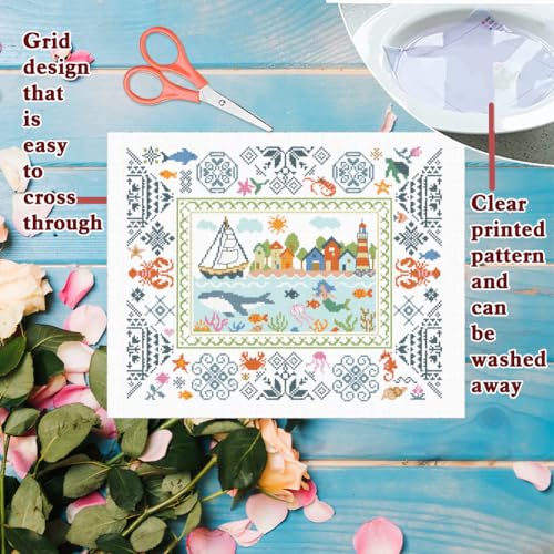 Image of FREEBLOSS 11CT Cross Stitch Kit Stamped Cross Stitch Craft Kit with Stitching Guide for Beginners Coastal Scenes Embroidery Set Crossstitch Wall Hanging Set 15.7x19.7inch