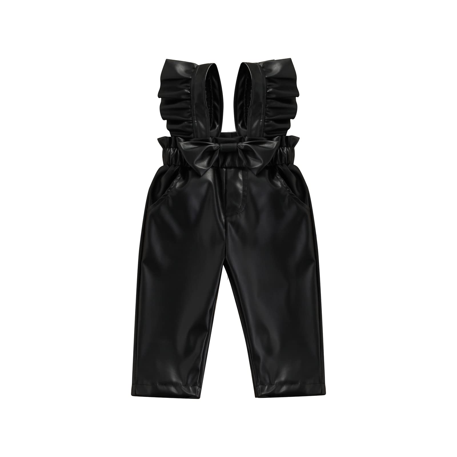 Nbulwbln Toddler Baby Girl Pu Leater Overalls Long Pants Jumpsuit Sleeveless Straps Suspender Ruffle Outfit Clothes (Black,1-2T)