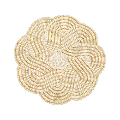 ALPHA Living HOME Handgefertigtes rundes Tischset mit Perlen für Esstisch, 33 cm, Tischmatte für Versammlungen, Gelegenheitsdekoration und Familienfeiern, Feiern, Gold/Elfenbein Cover