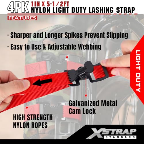 Image of XSTRAP 4pk 1 inch x 5-1 /2ft JUST Clip All-Purpose Lashing Strap, Red