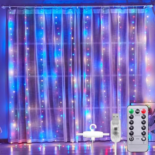Image of fizzytech Plastic Fairy Curtain String Lights for Wall Decoration, Multicolour USB Powered 300 LED's, 8 Flashing Modes, Window Backdrop Lights for Bedroom, Party, Diwali, Christmas - 3x3 Meter